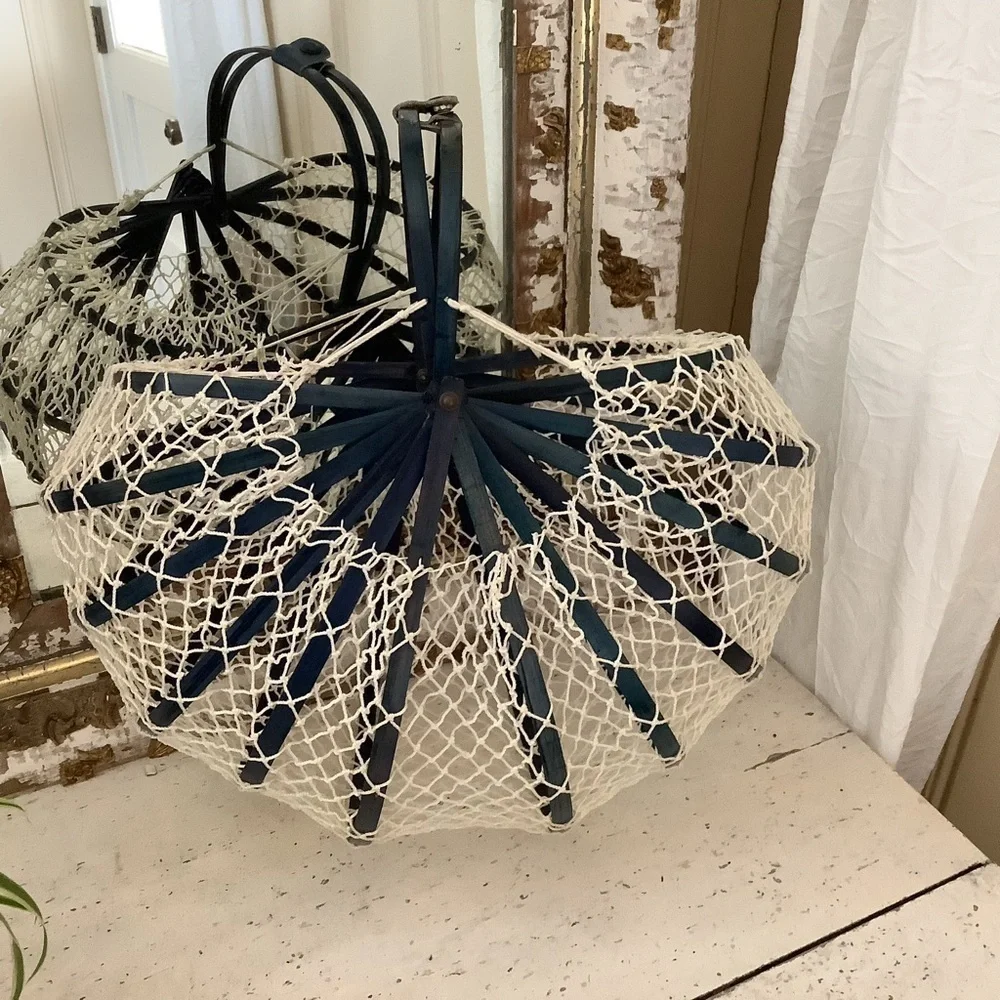 Vintage Japanese Foldable Collapsible Market Egg Basket Navy White Wood Purse